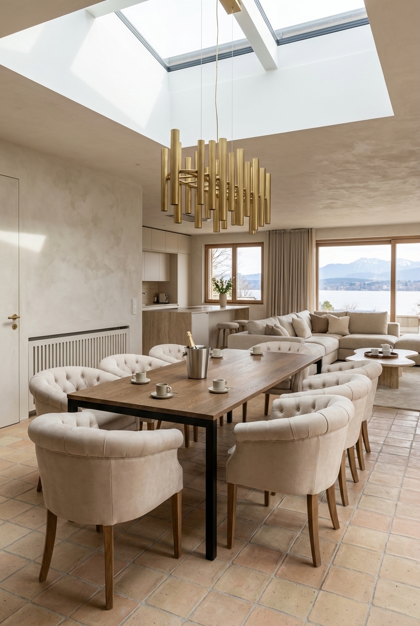 Großformatige Lampe aus Messing über dem Belluno Esstisch aus Eiche, schafft Mittelpunkt und Atmosphäre