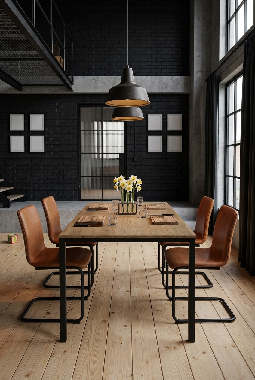 Heller Dielenboden aus Nadelholz bringt Wärme in den industrial gestalteten Essbereich mit dunklen Wänden