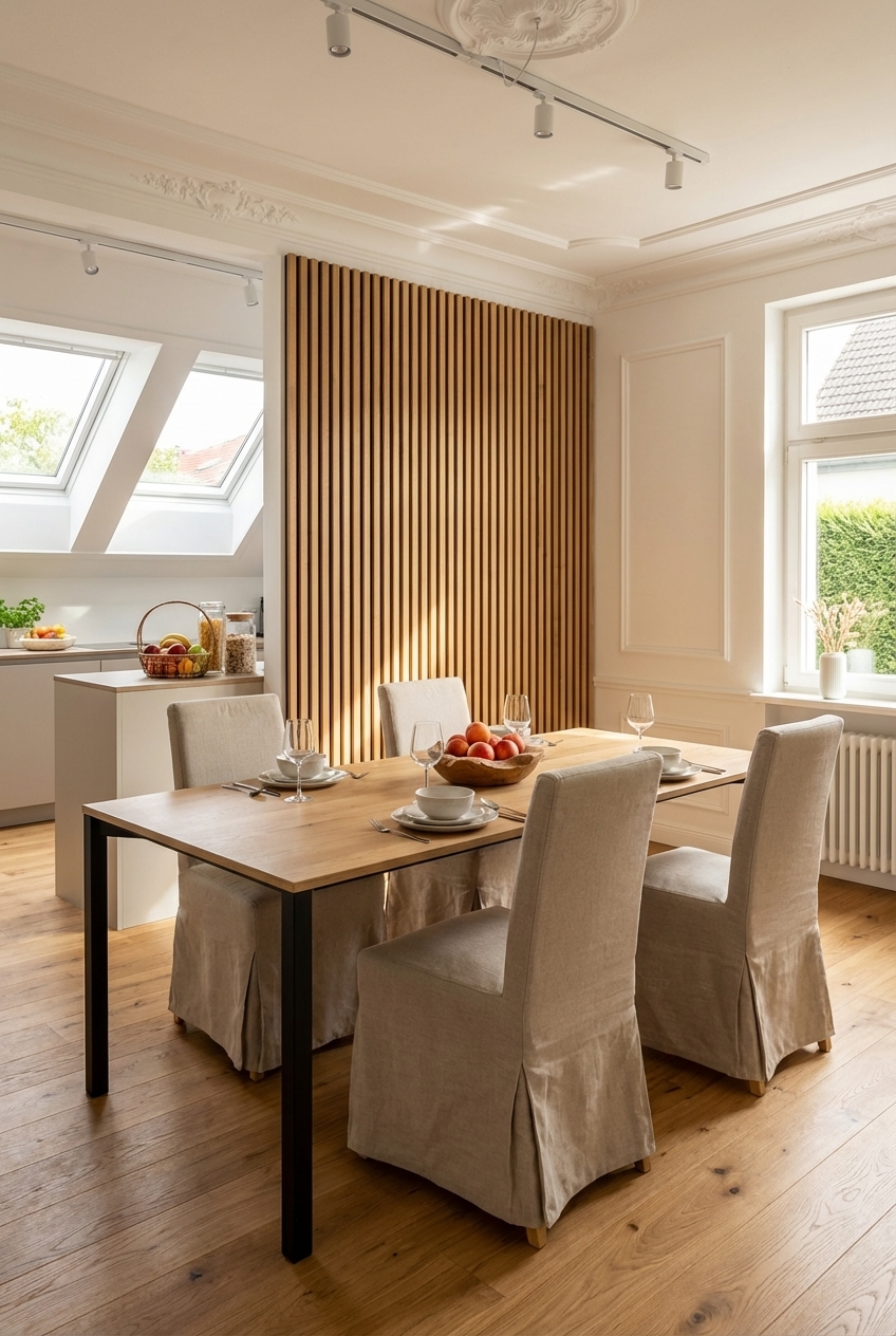 Esszimmer mit Stuckleisten und Belluno Esstisch aus Eiche für harmonische Wandgestaltung
