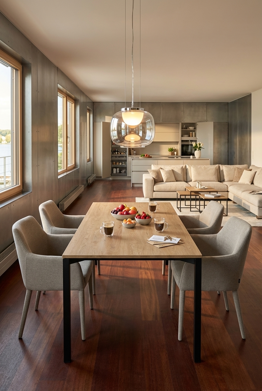 Kompakte Armlehnstühle unter dem Belluno Esstisch aus Eiche sorgen für Bewegungsfreiheit und Komfort.