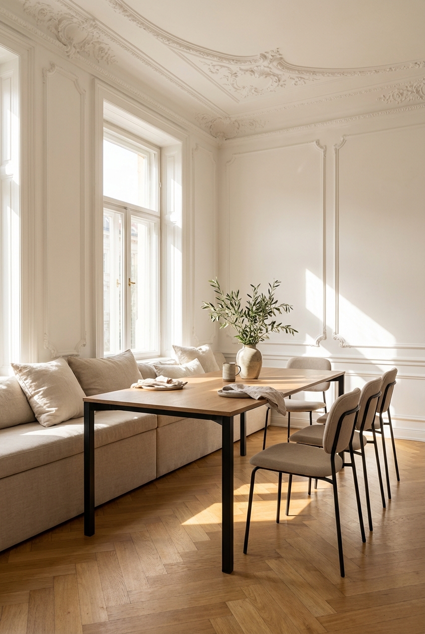 Esszimmer mit Sitzfenster, Tischplatte des Belluno Esstischs über Sitzfläche ragend.