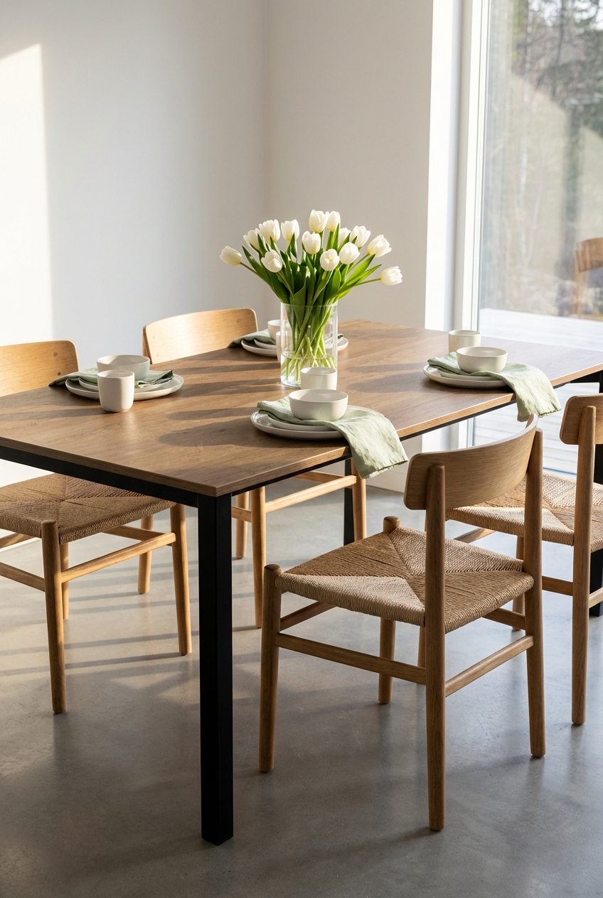 Frühlingstischdeko mit wenigen runden Geschirrteilen auf einem Eiche Belluno Tisch