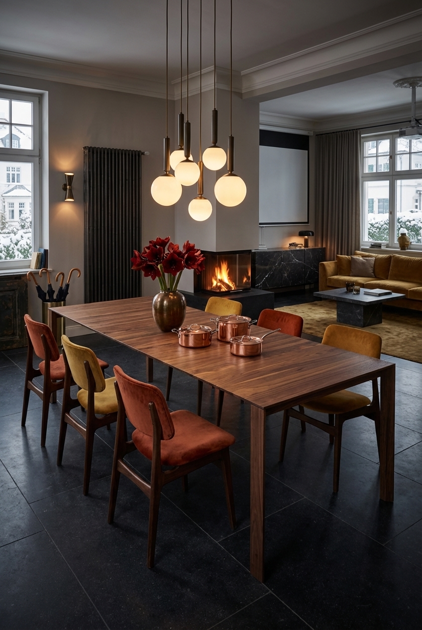 Pendelleuchten mit opalweißen Kugeln über dem Nussbaum-Esstisch Buren sorgen für warmes, modernes Licht