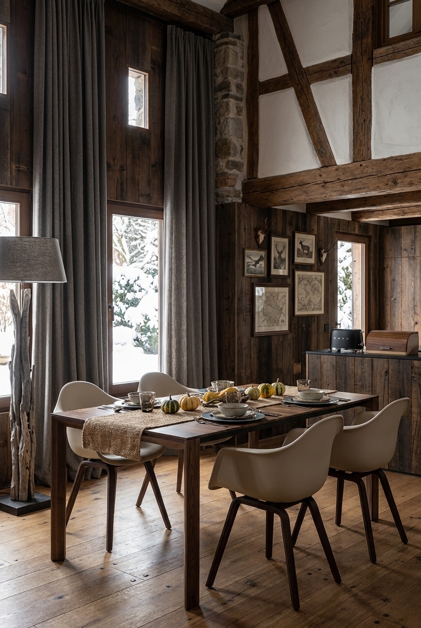 Rustikales Esszimmer mit Buren Nussbaumtisch und schweren grauen Leinenvorhängen