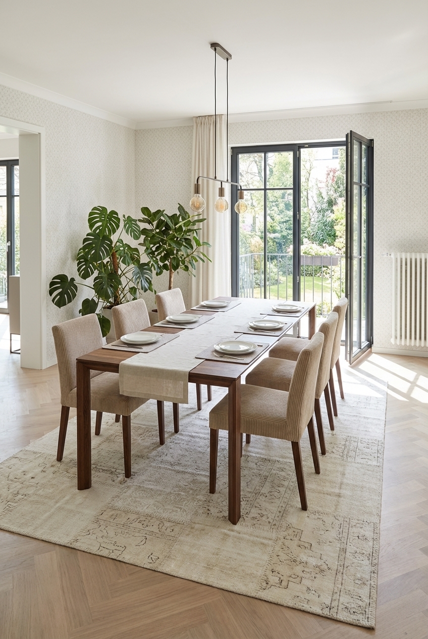 Essbereich mit flachgewebtem Teppich unter dem Nussbaum-Esstisch Buren zur klaren Zonierung