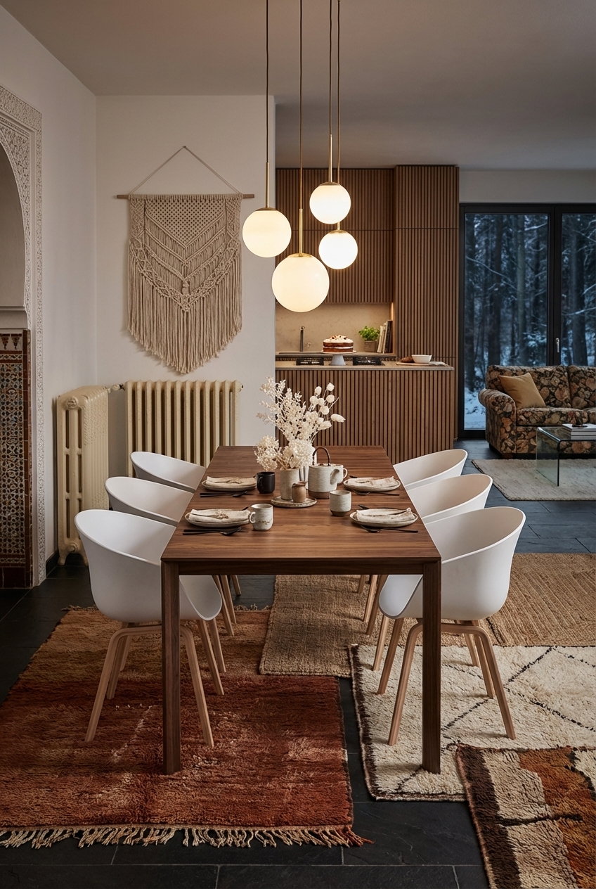 Essbereich mit übereinanderliegenden Teppichen und Esstisch Buren aus Nussbaum