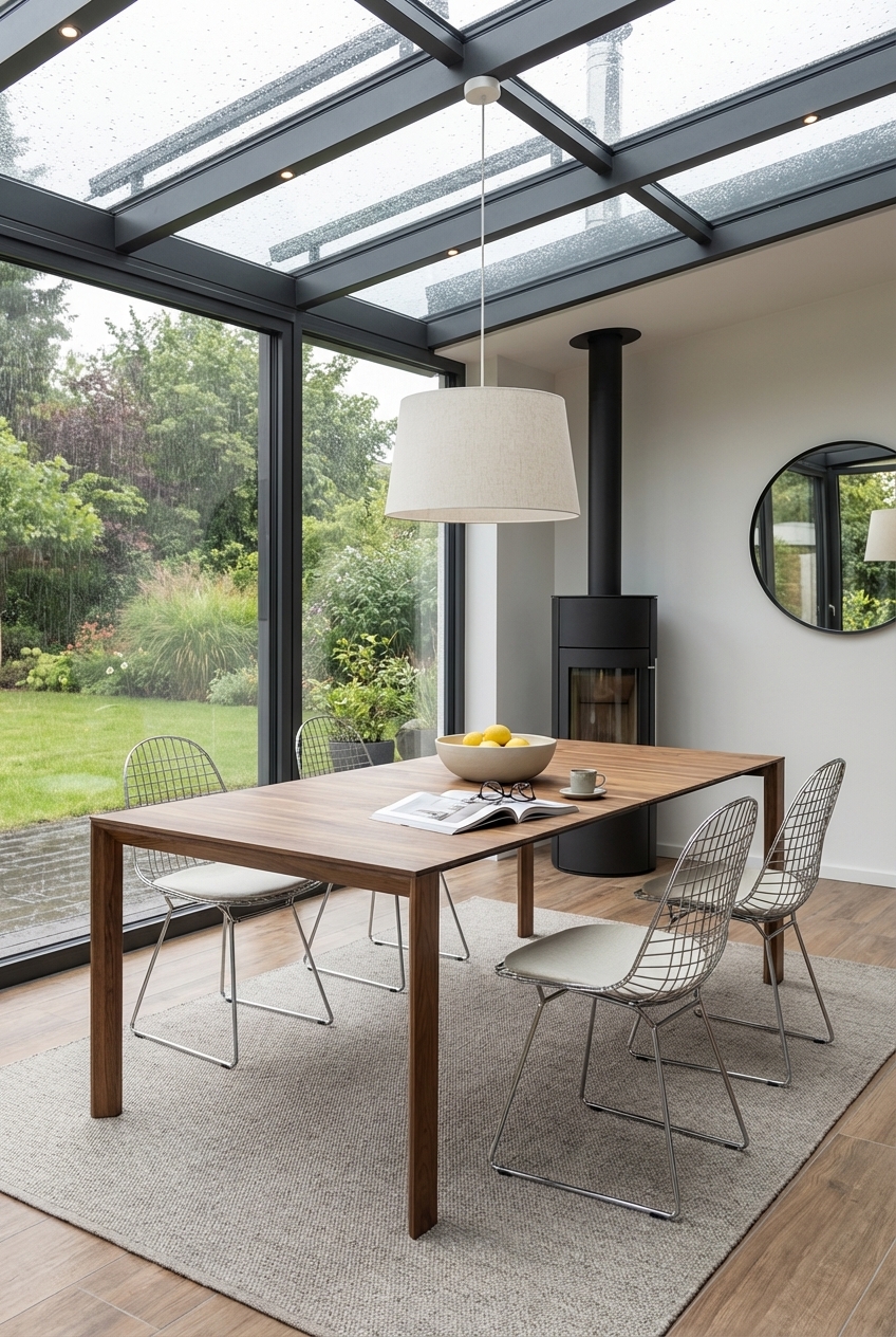 Essplatz mit Nussbaum-Esstisch Buren an der Glasfront für hellen, offenen Raum