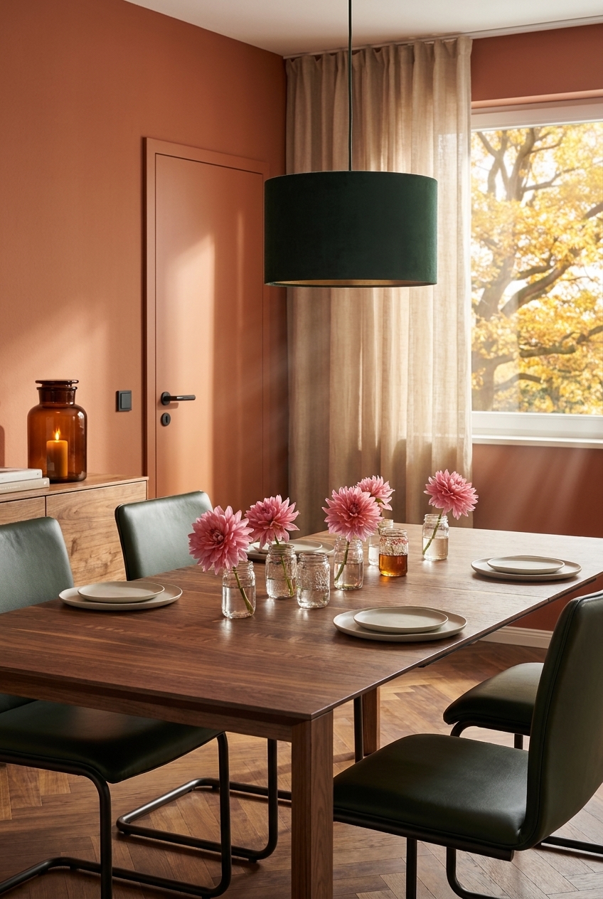 Rosa Dahlien in kleinen Glasvasen auf dunklem Esstisch Buren