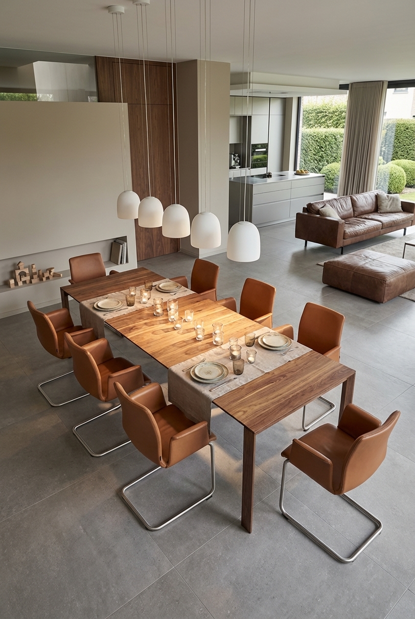 Esstisch Buren aus Nussbaum mit cognacfarbenen Lederstühlen vor hellem Hintergrund