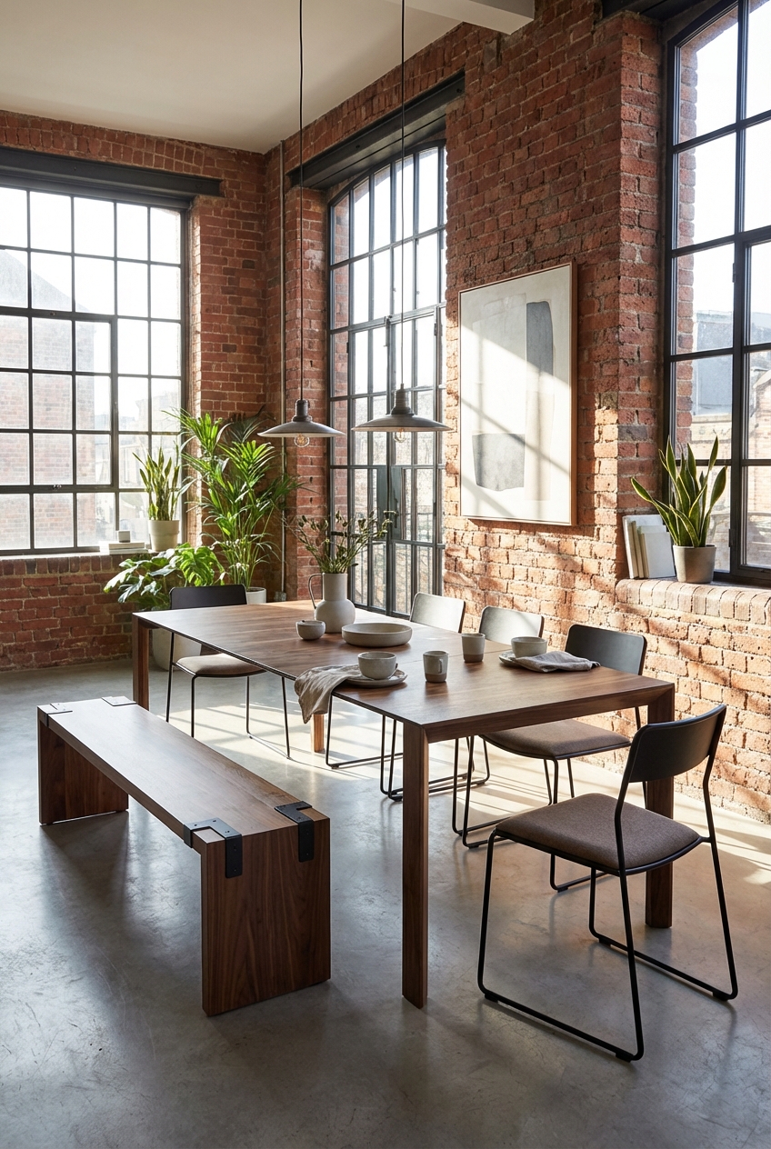 Modernes Esszimmer mit Esstisch Buren aus Nussbaumholz und harmonierenden Sitzmöbeln.