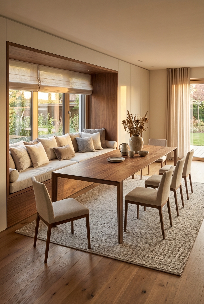 Sitzbank an der Wand mit Holzverkleidung, umrahmt von einem Massivholztisch Buren aus Nussbaum