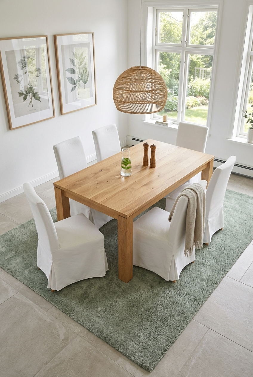 Gedeckter grüner Teppich harmoniert mit Esstisch Calama aus Eiche