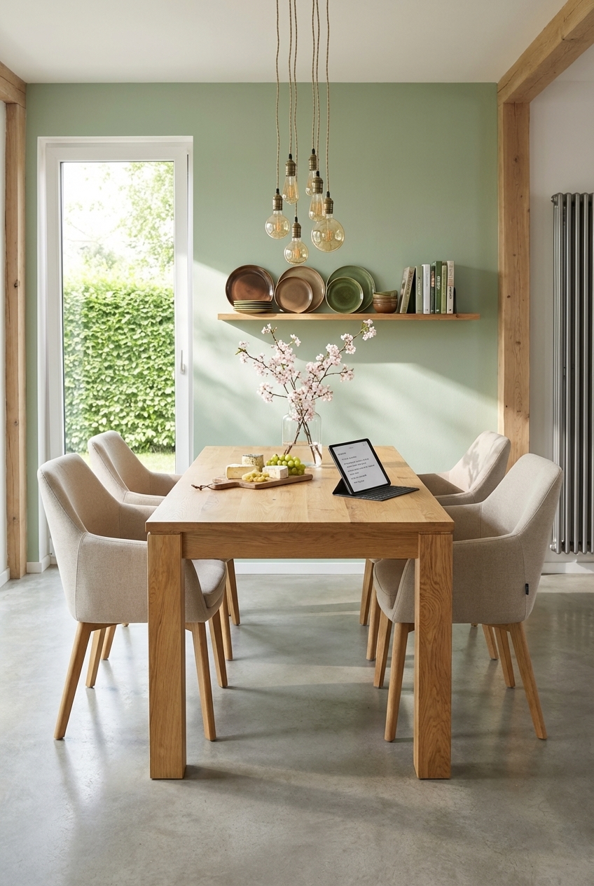 Offene Holzregale mit Keramik und Büchern neben dem Esstisch Calama aus Eiche