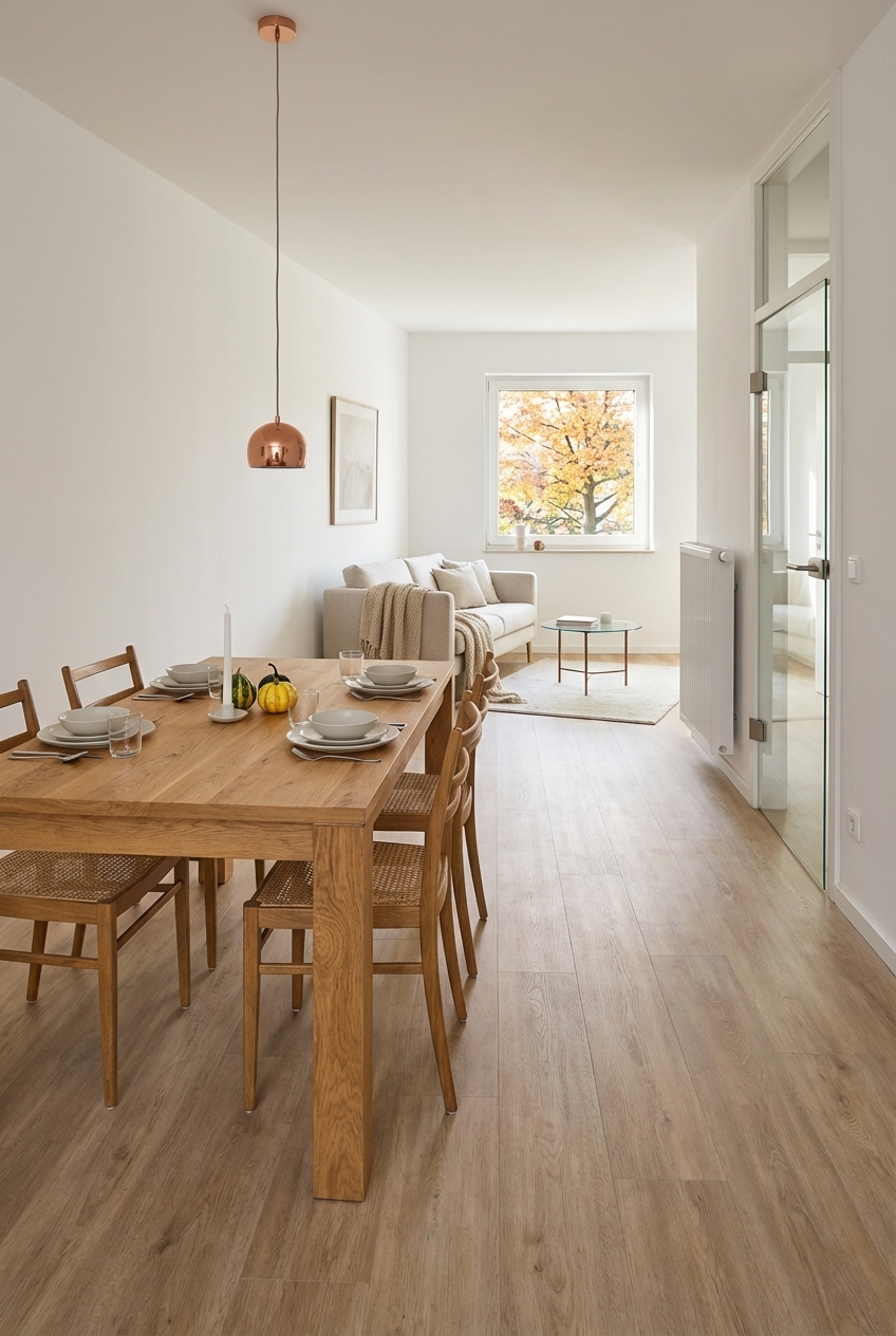 Kombination aus Esstisch Calama Eiche und warmen Holztönen im kleinen Wohn- und Esszimmer