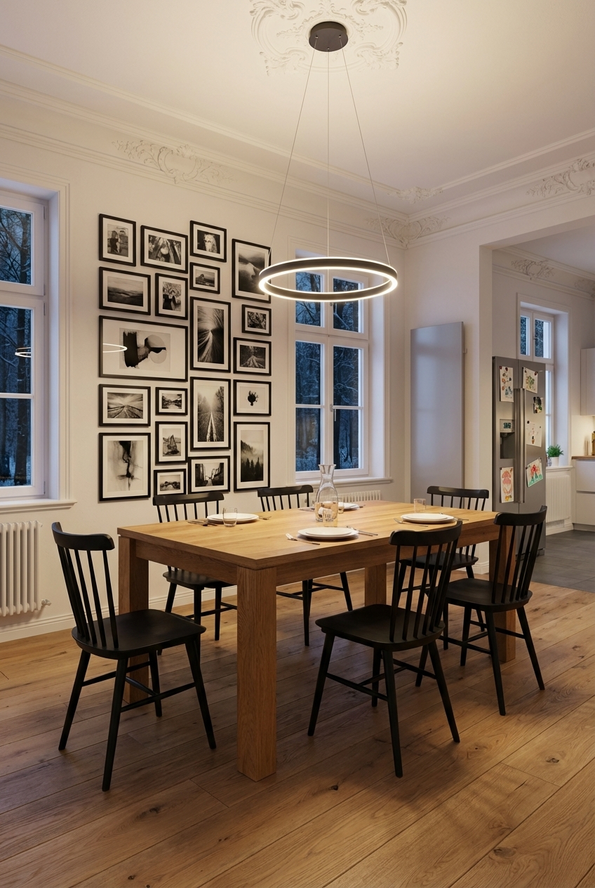 Bilderwand im Rasterformat über einem Esstisch aus Eiche als Blickfang im Esszimmer