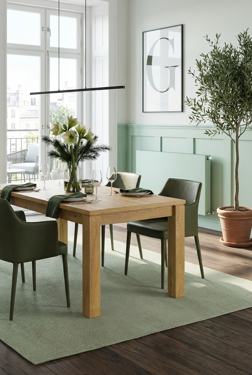 Schwarze Pendelleuchte über dem grünen Essbereich betont den Esstisch Calama aus Eiche.