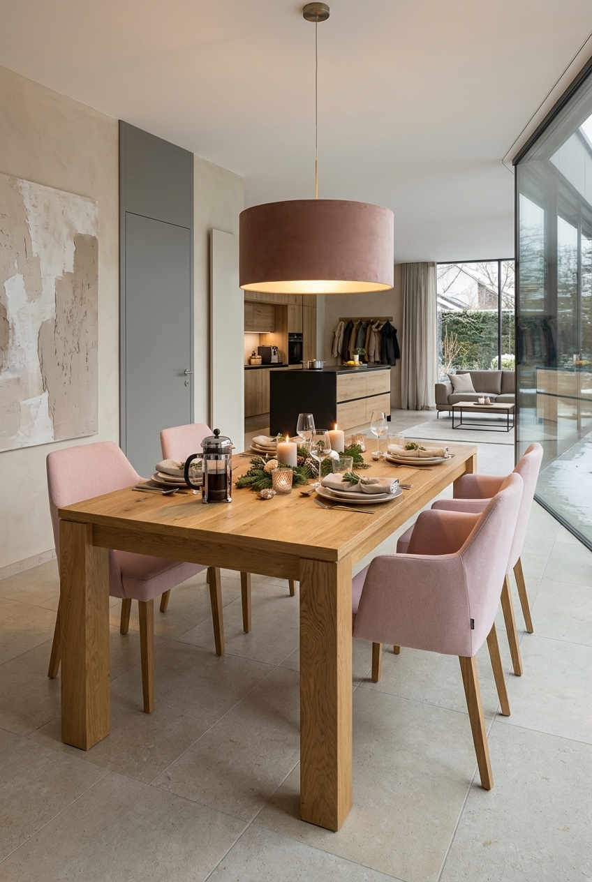 Essbereich mit rauer Sandton-Wand und Esstisch Calama aus Eiche