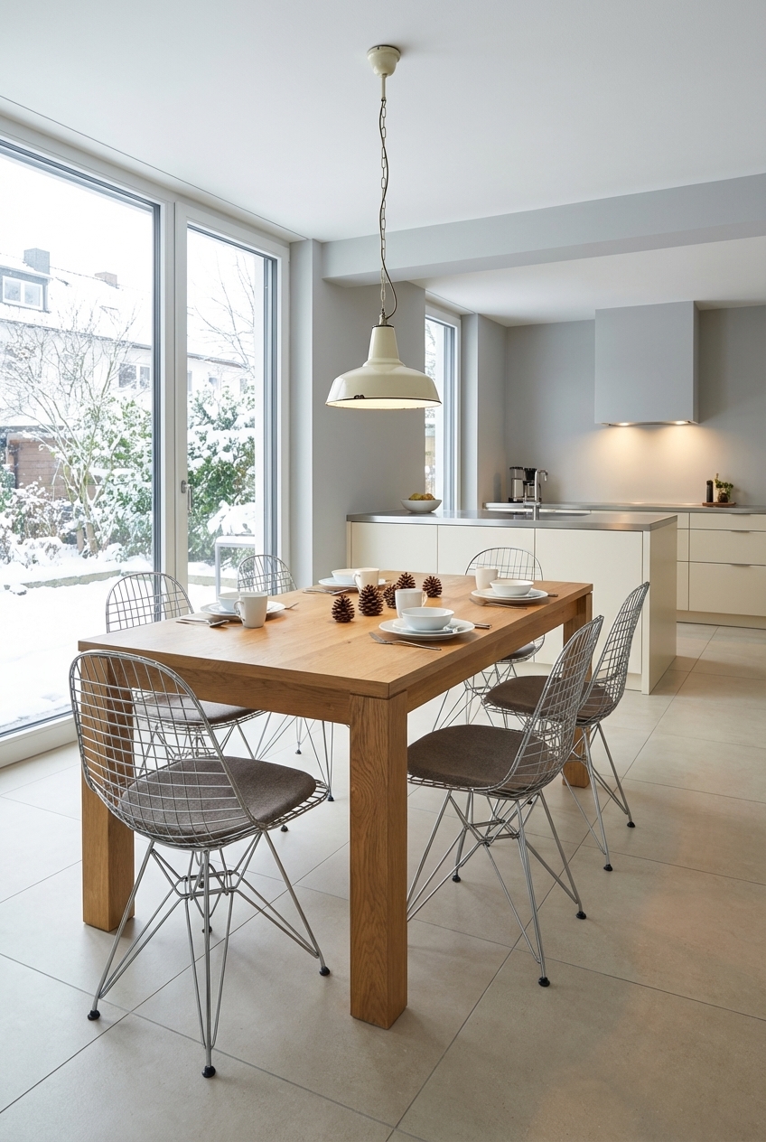 Essplatz mit Esstisch Calama aus Eiche vor bodentiefem Fenster, das Tageslicht einlässt