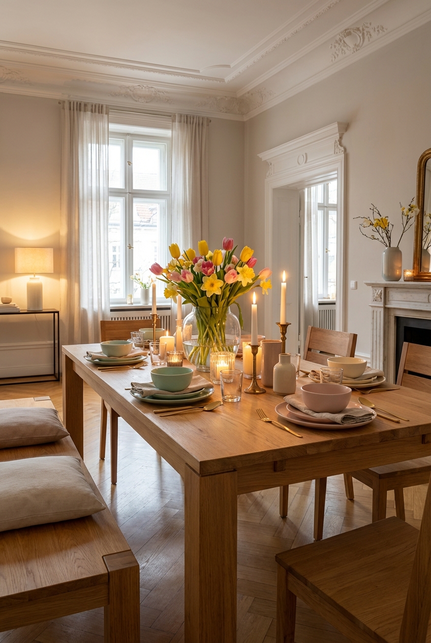 Frühlinghafte Tischdeko mit Stabkerzen und Blumenarrangement auf Esstisch Calama