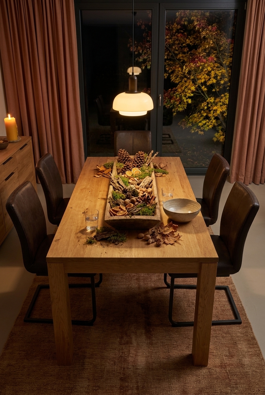 Holzkiste mit Moos, Zapfen, Rinde, Nüssen und Orangenscheiben auf Esstisch Casma