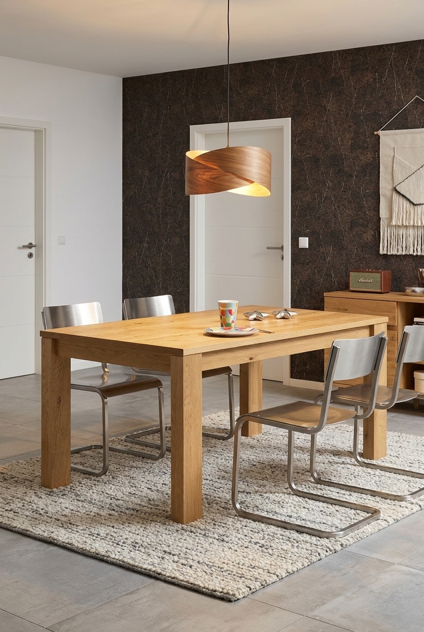 Dunkle Wand mit matter Oberfläche, Metallstühle und Holz-Wildeiche-Tisch Casma schaffen harmonischen Kontrast