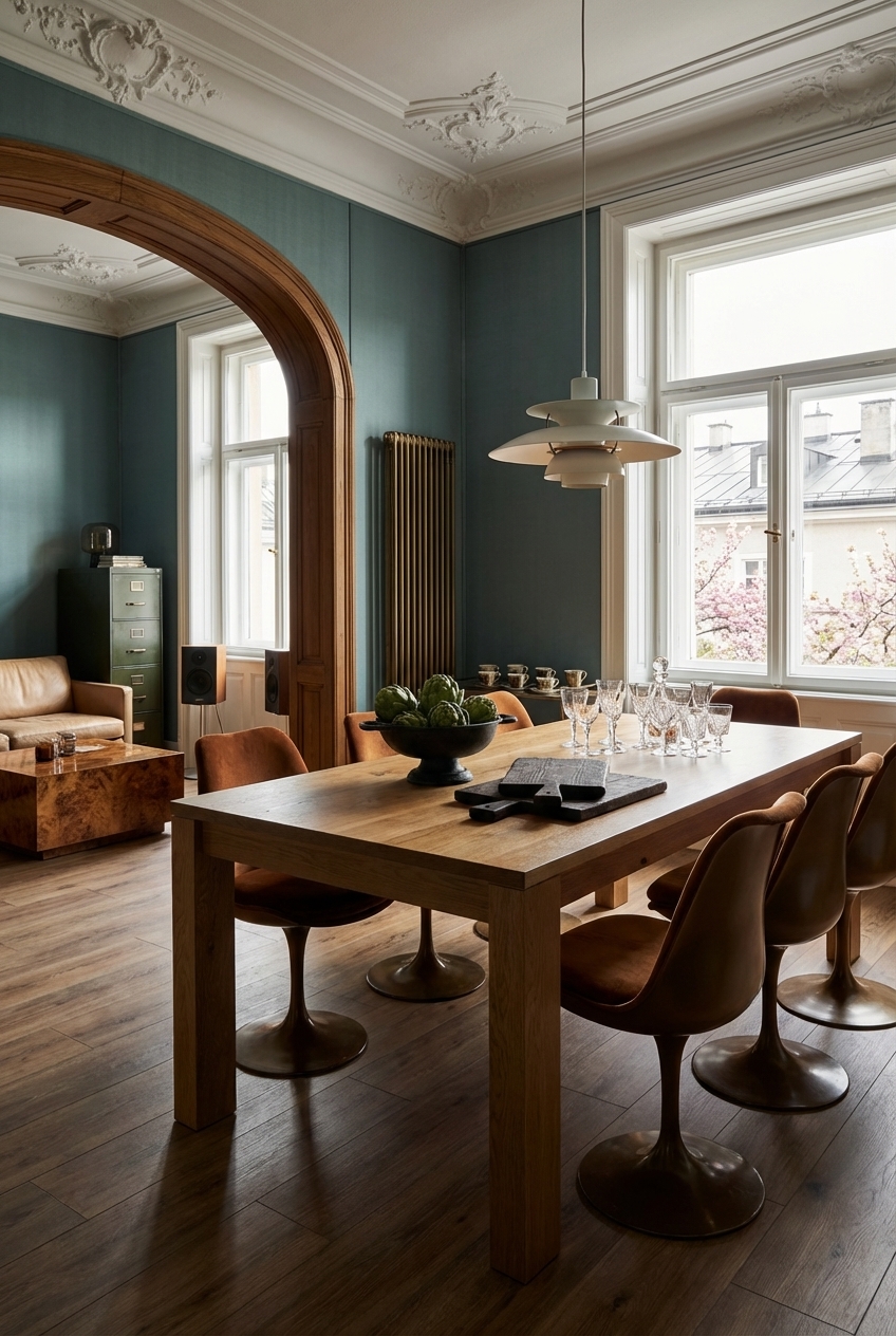 Essbereich mit einem geschwungenen Holzrahmen und Esstisch Casma aus Wildeiche