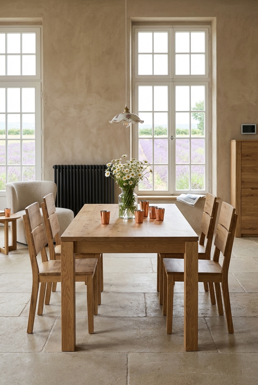 Esstisch Casma aus Wildeiche vor matt verputzter Sandwand für eine harmonische Atmosphäre
