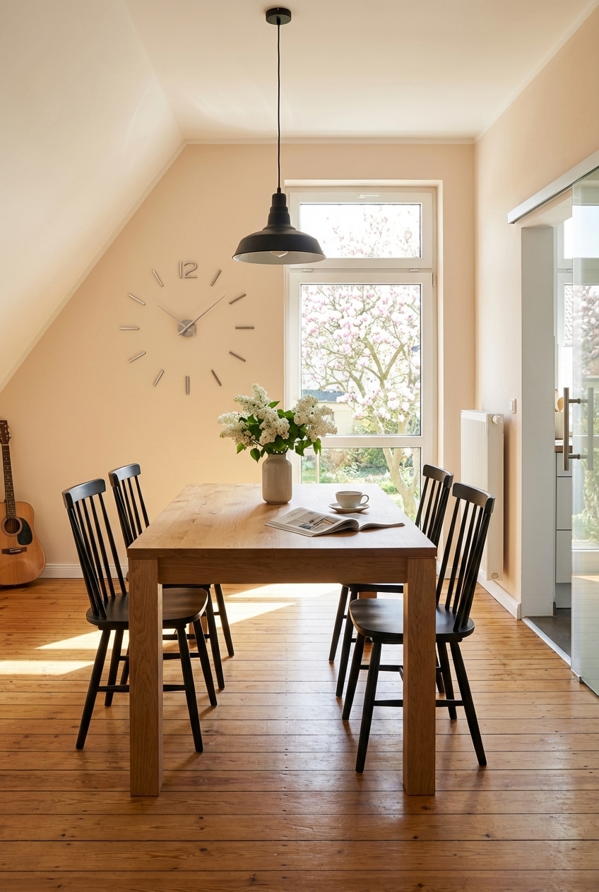 Warme, cremige Wandfarbe und Esstisch Casma aus Wildeiche schaffen ländliche Atmosphäre