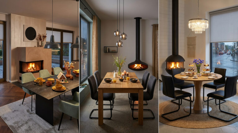 Drei Esszimmer mit Kamin als Inspiration für einen gemütlichen Essplatz
