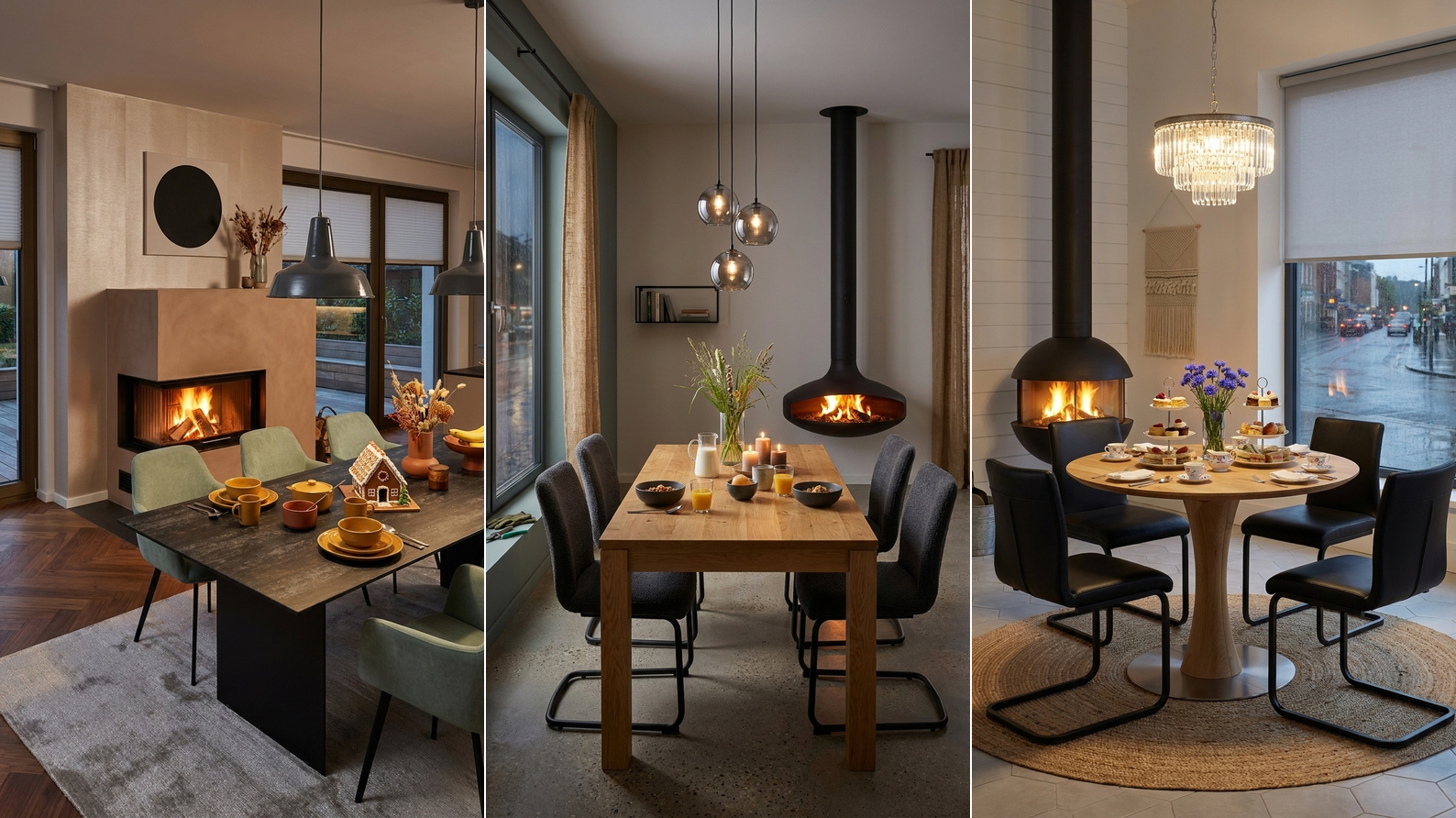 Drei Esszimmer mit Kamin als Inspiration für einen gemütlichen Essplatz