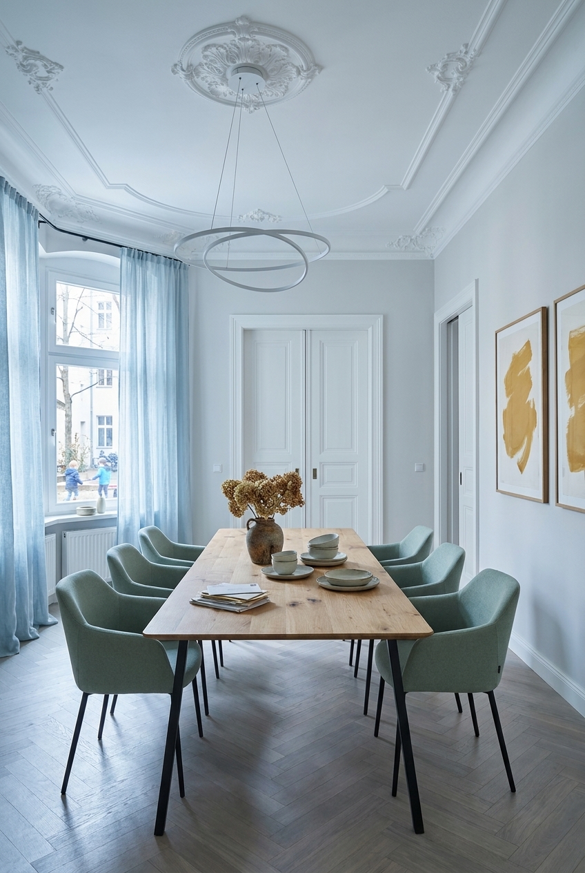 Esstisch Fano aus Eiche mit schlanken schwarzen Tischbeinen im hellen Esszimmer.
