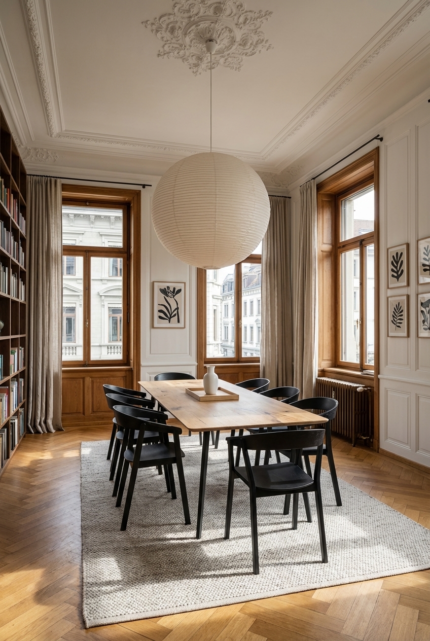 Essbereich im Altbau mit raumhohen Bücherregalen und dem Esstisch Fano aus Eiche