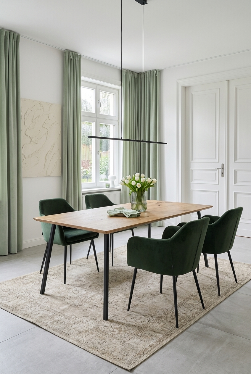 Esszimmer mit abgestuften Grüntönen und Esstisch Fano aus Eiche für harmonische Atmosphäre