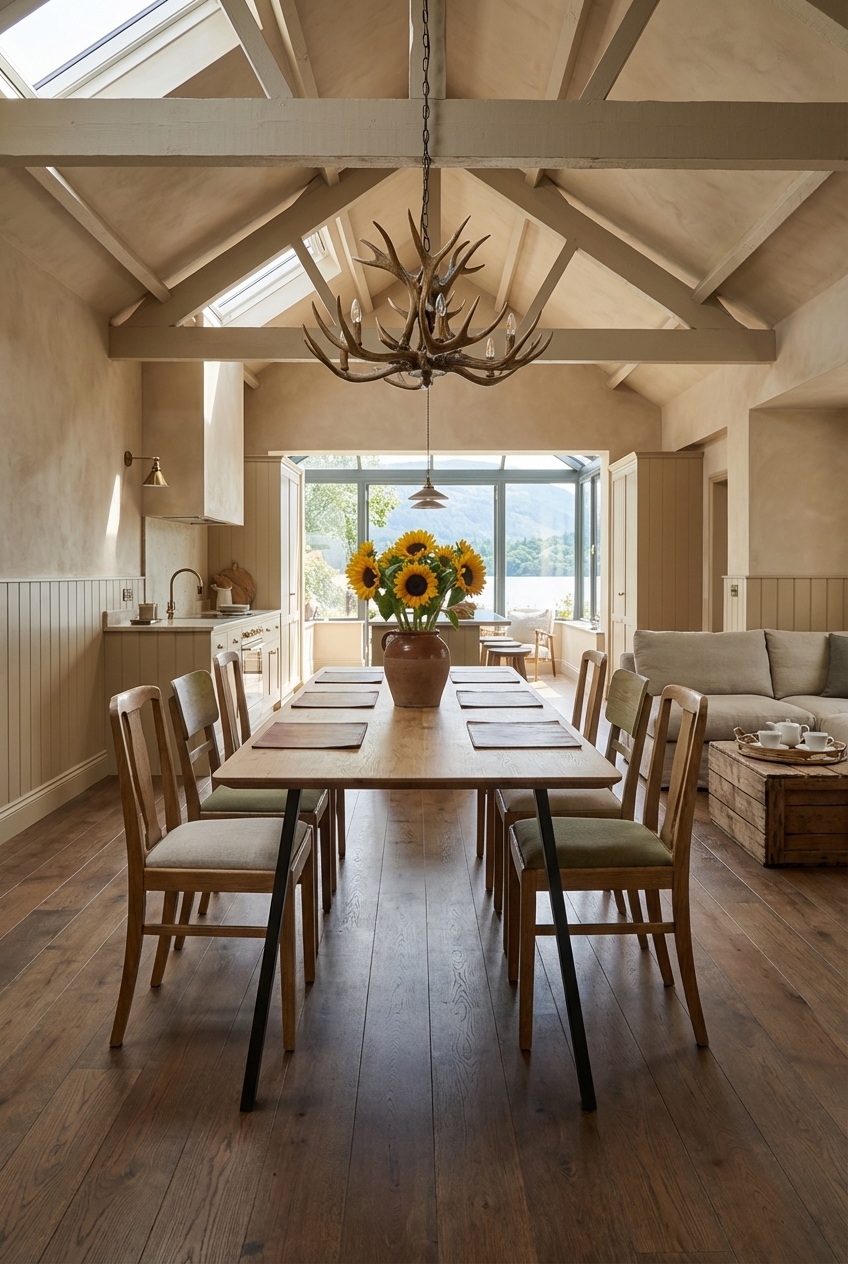 Esszimmer mit offenen Dachbalken und Esstisch Fano aus Eiche, der den Raum großzügig wirken lässt