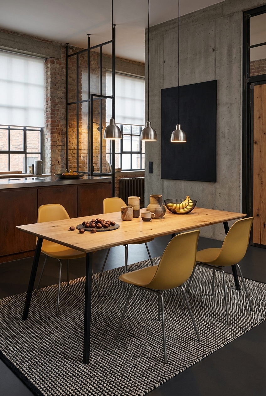 Verglaste Stahltrennwand gliedert den Essbereich, Esstisch Fano aus Eiche im industriellen Stil