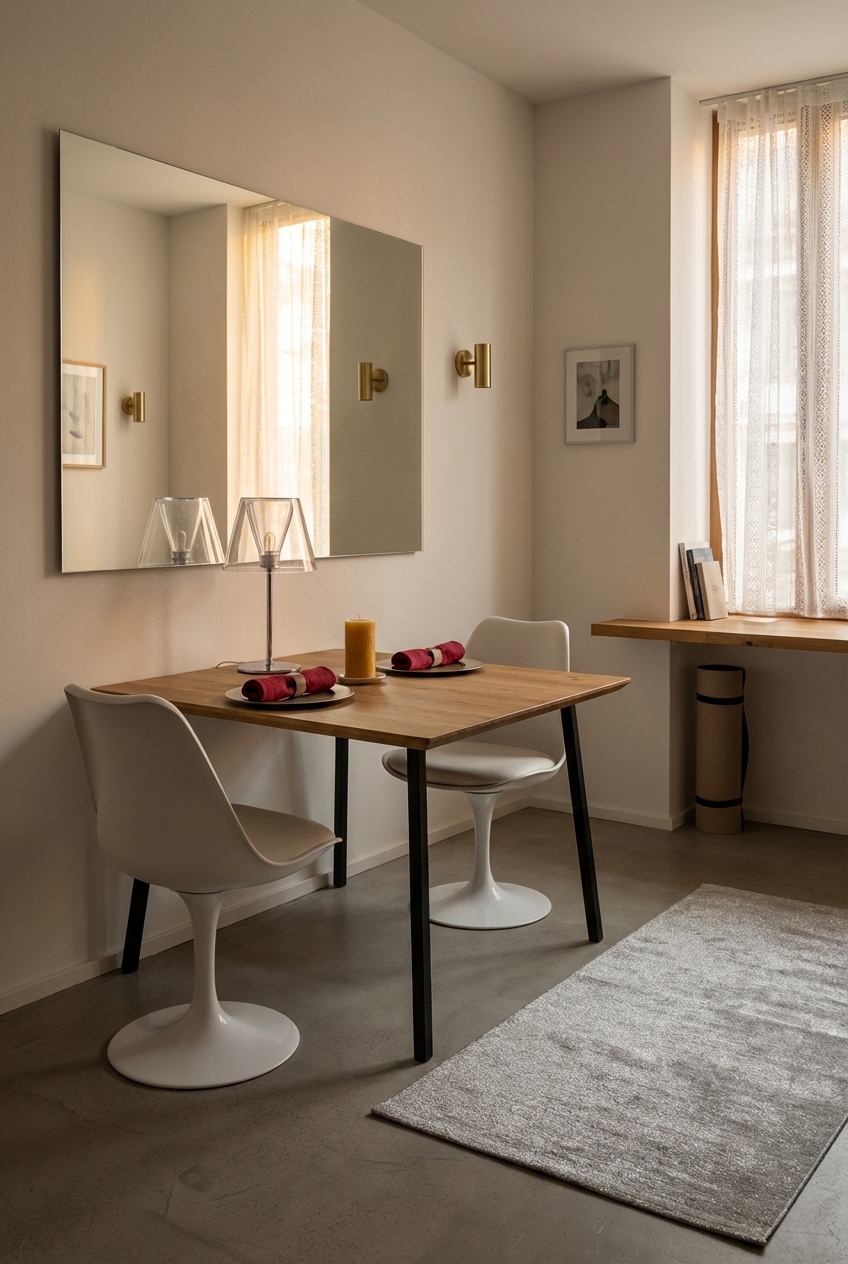 Zwei Wandleuchten neben dem Esstisch Fano aus Eiche schaffen warmes, reflektiertes Licht für mehr Behaglichkeit im kleinen Esszimmer