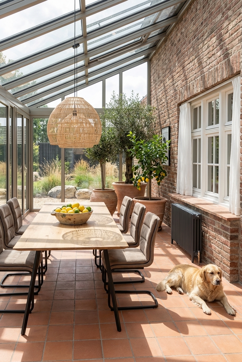 Ein verglaster Anbau mit terrakottafarbenen Bodenfliesen und dem Esstisch Fano aus Eiche