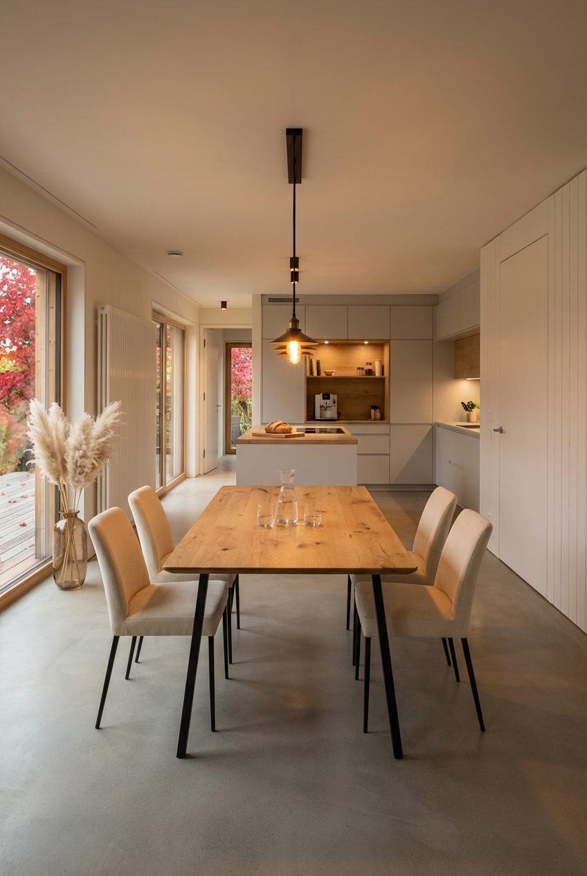 Essplatz mit dem ausziehbaren Eiche Esstisch Fano parallel zur Küchenzeile angeordnet