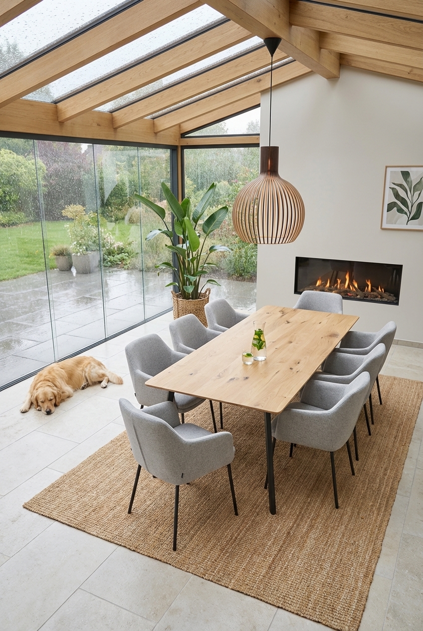 Essbereich mit hellem Holztisch Fano und dazu passenden Stühlen in Glaswintergarten