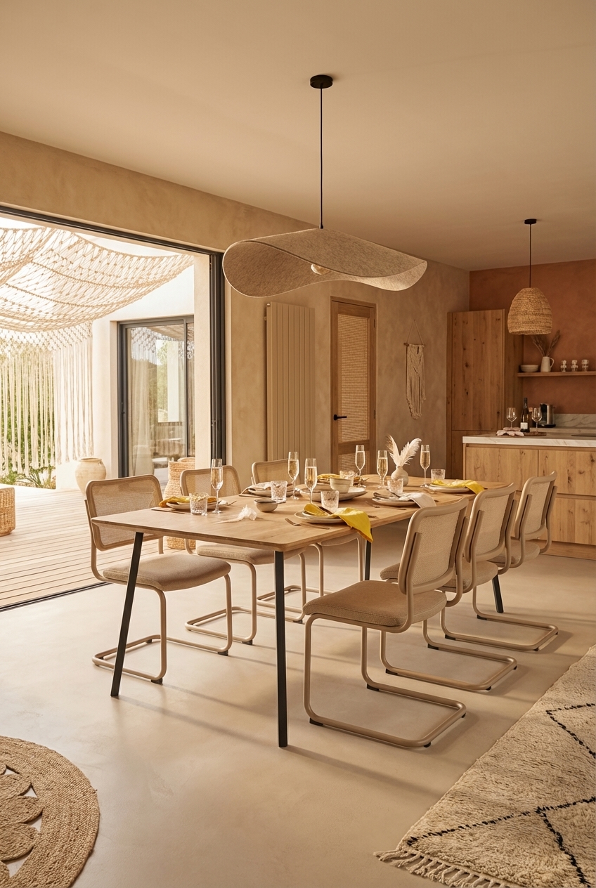 Gefaltete senfgelbe Servietten setzen farbige Akzente auf dem Esstisch Fano aus Eiche