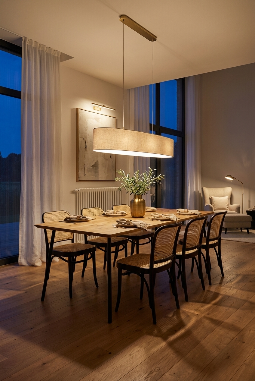 Stehlampe neben dem Esstisch Fano aus Eiche schafft stimmungsvolle Beleuchtung