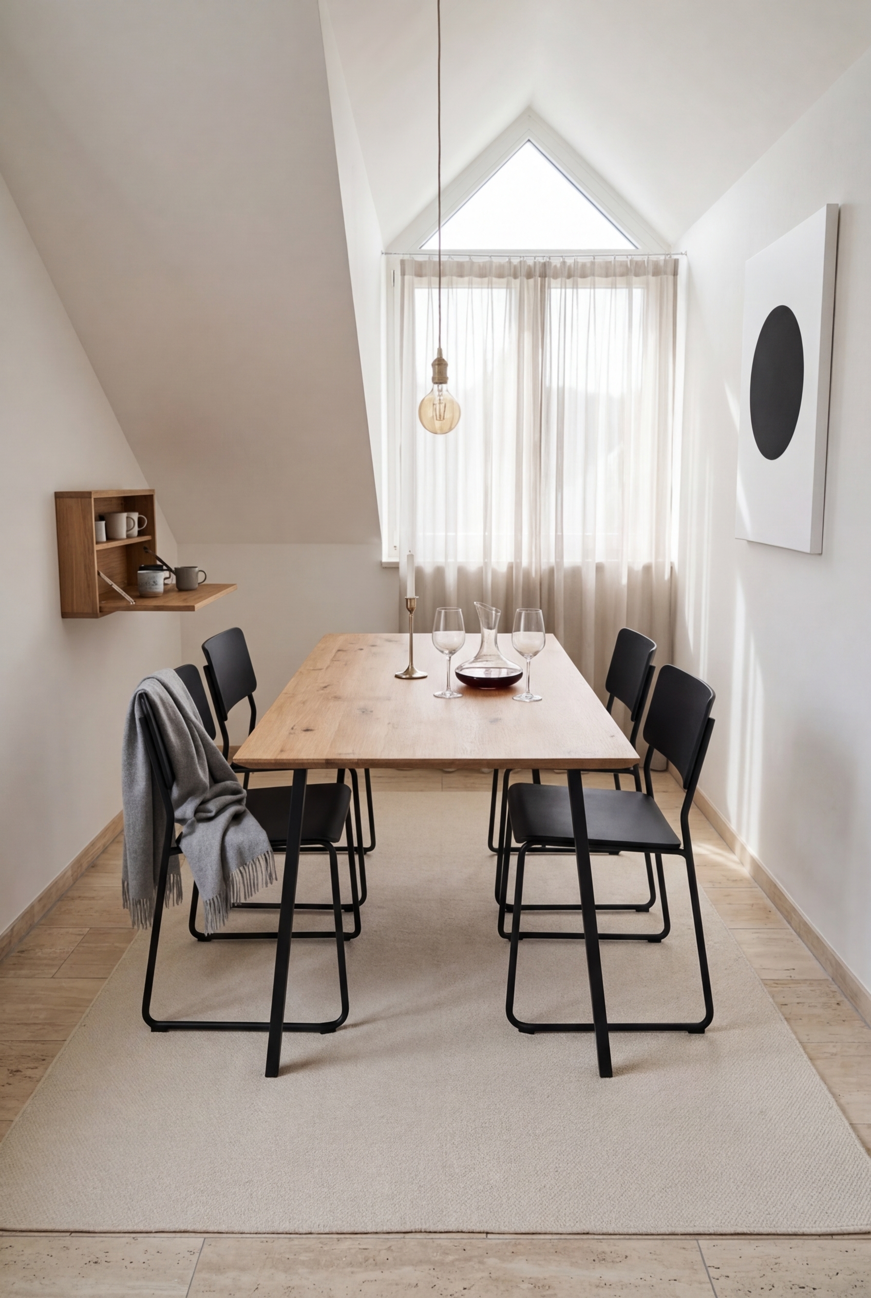 Hängende Pendelleuchte über Esstisch Fano aus Wildeiche schafft zentrale, warme Lichtakzente in der Wohnung