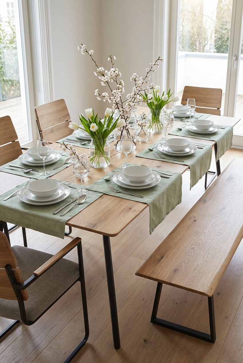 Leinenläufer in gedämpftem Grün auf einem Esstisch Fano aus Eiche schafft Frühlingstimmung