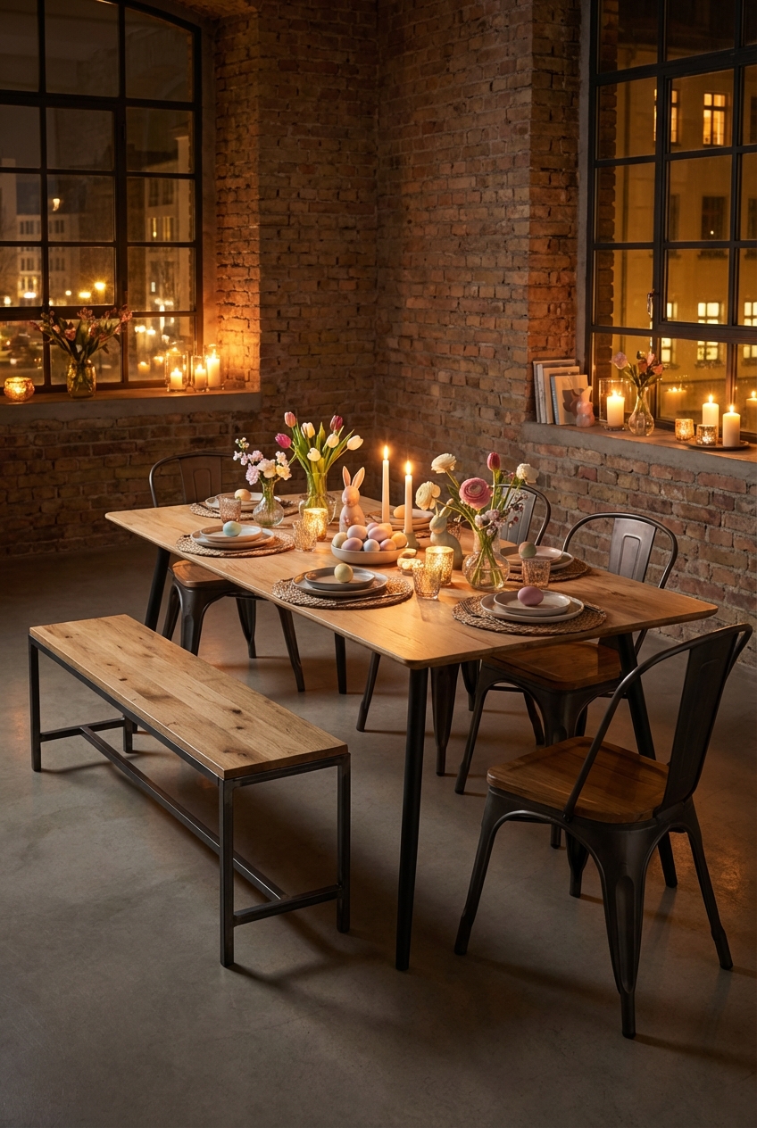 Moderne Tischdeko mit gestaffelten Stabkerzen auf einem Esstisch Fano aus Eiche