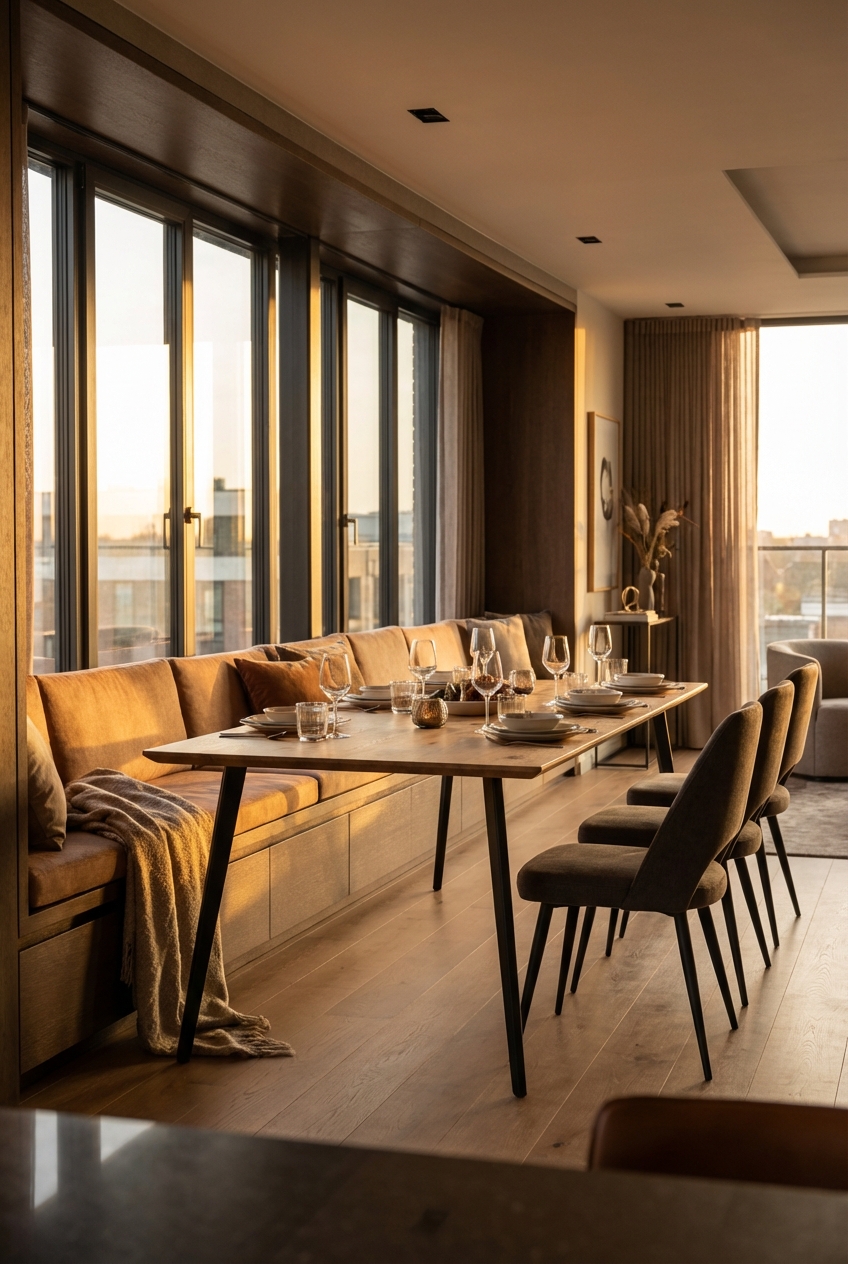 Esszimmer mit Sitzfenster und Essbereich, Tisch Fano, optimal ausgerichtet zur Fensterfront