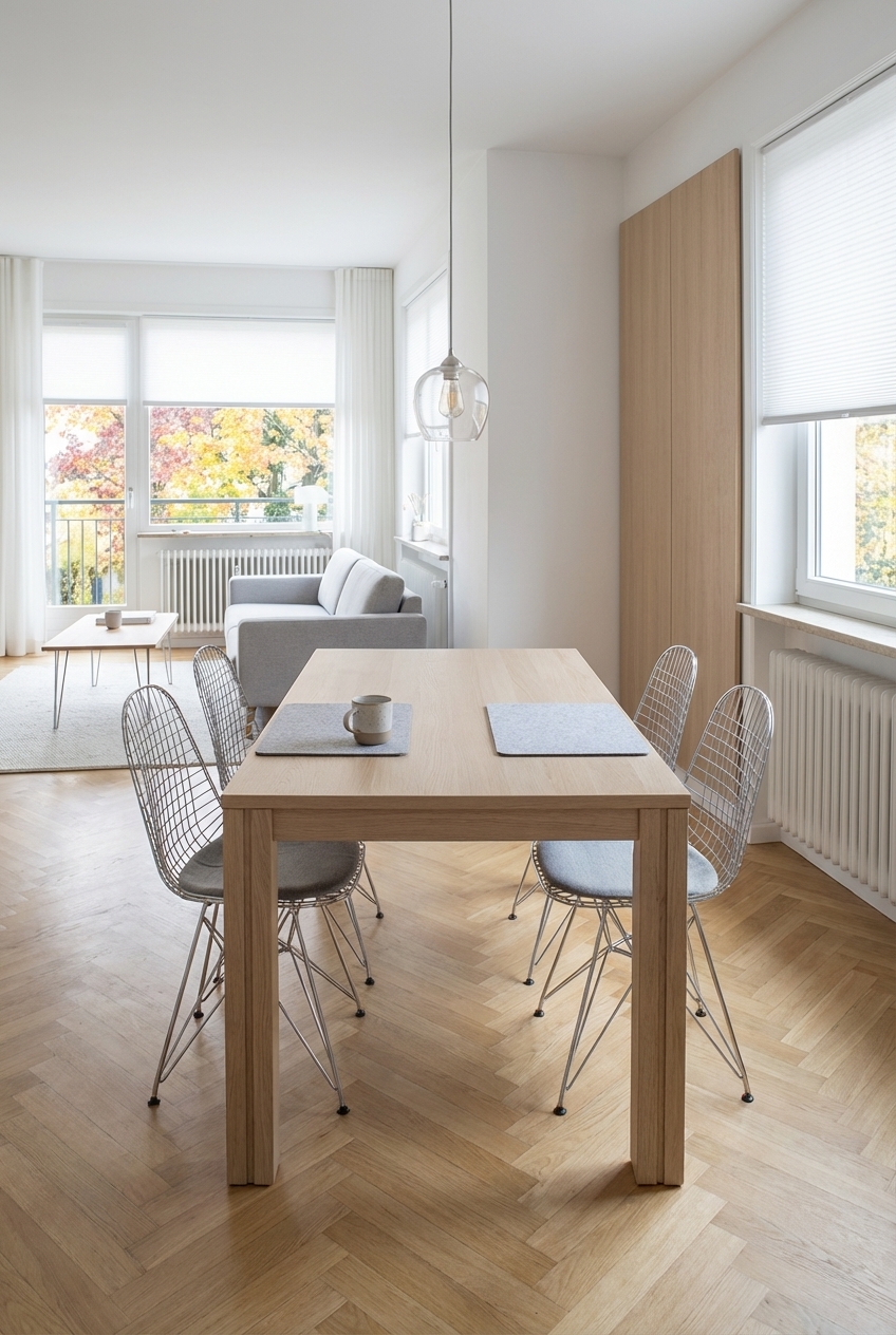 Ein hoher Schrank begrenzt den Essbereich im kleinen Wohnzimmer, ergänzt durch den Esstisch Farum 2 aus Eiche.