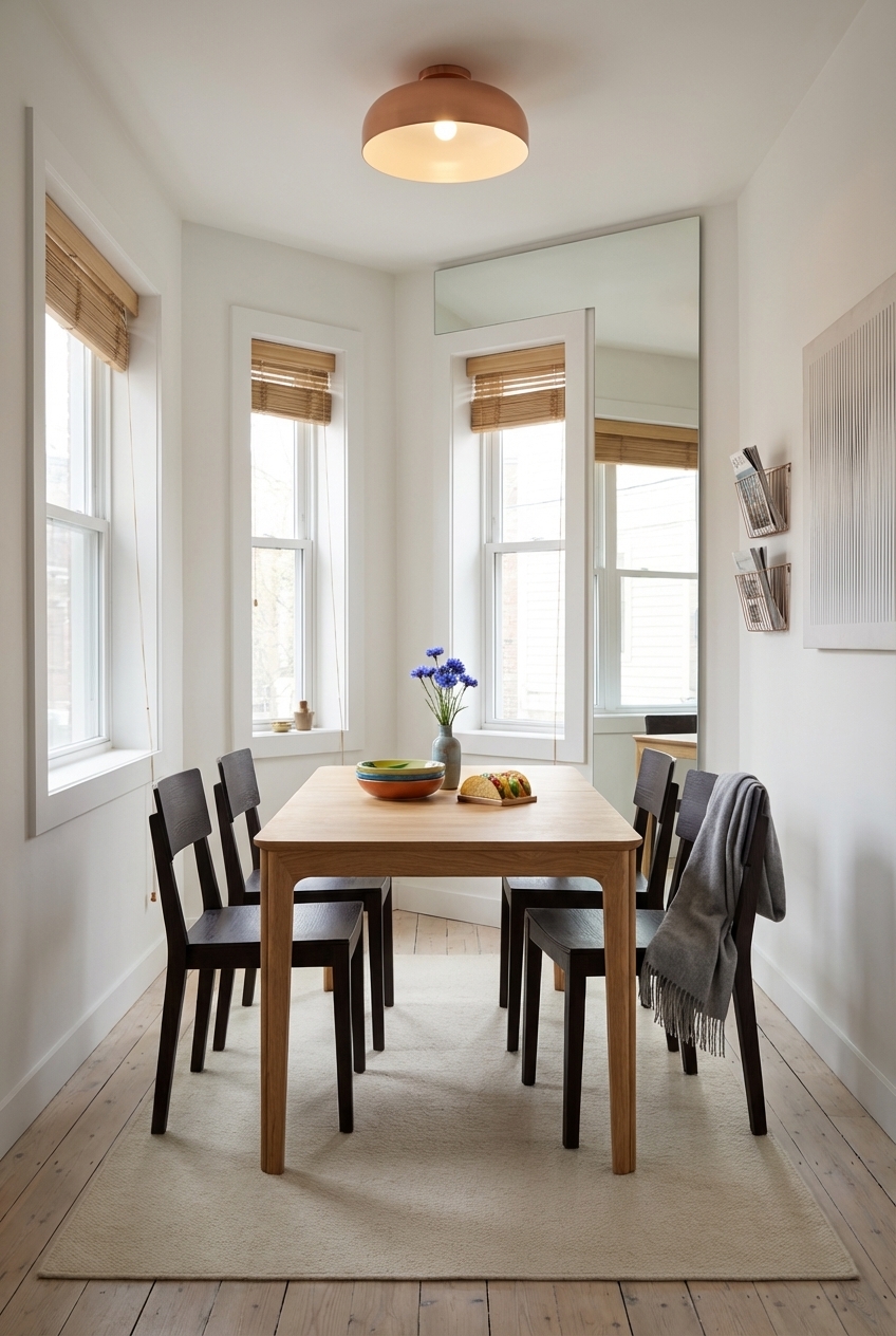 Bodentiefer Spiegel im Essbereich sorgt für optische Raumvergrößerung und harmoniert mit Esstisch Farum 2.