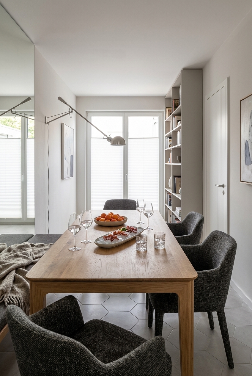 Schmales Esszimmer mit hohem Regal und dem ausziehbaren Esstisch Farum 2 aus Eiche