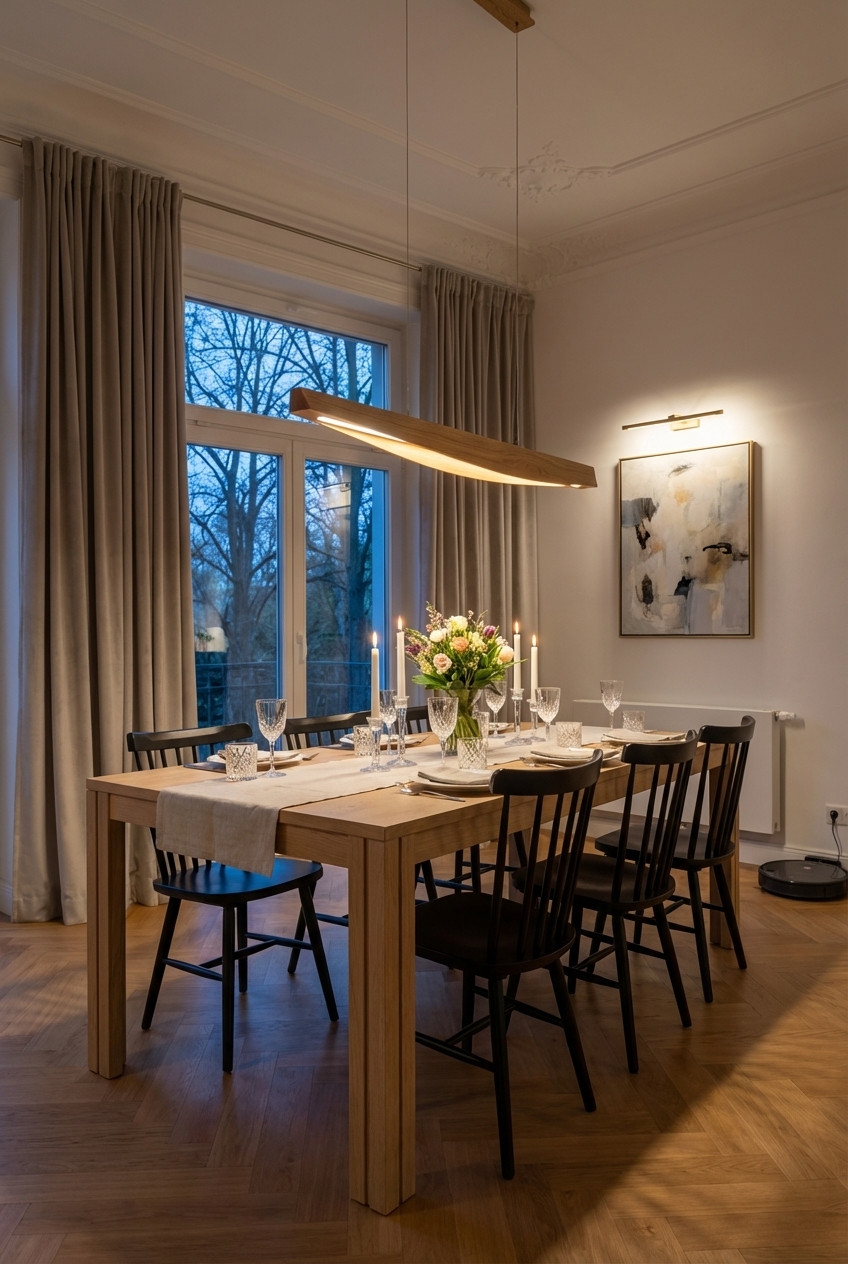 Eine Kombination aus LED-Leuchte und Kerzen schafft harmonisches Licht auf dem Esstisch Farum 2 aus Eiche