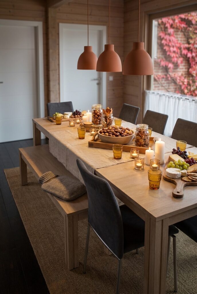 Große Kastanienschale auf einem Holztablett mit Kerzen auf dem Esstisch Farum 2